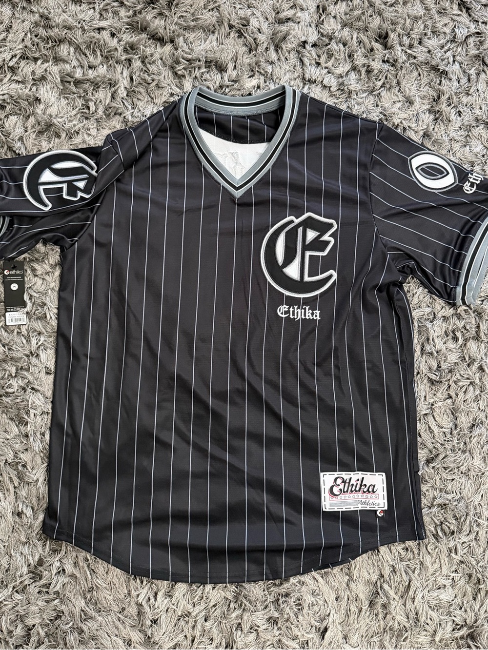 ethika Men’s Black Pinstripe V-Neck Jersey with Gray Trim